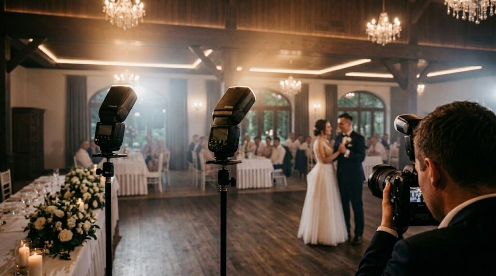 Fotograf ślubny realizujący workflow z lampą błyskową podczas pierwszego tańca pary młodej na ciemnej sali.